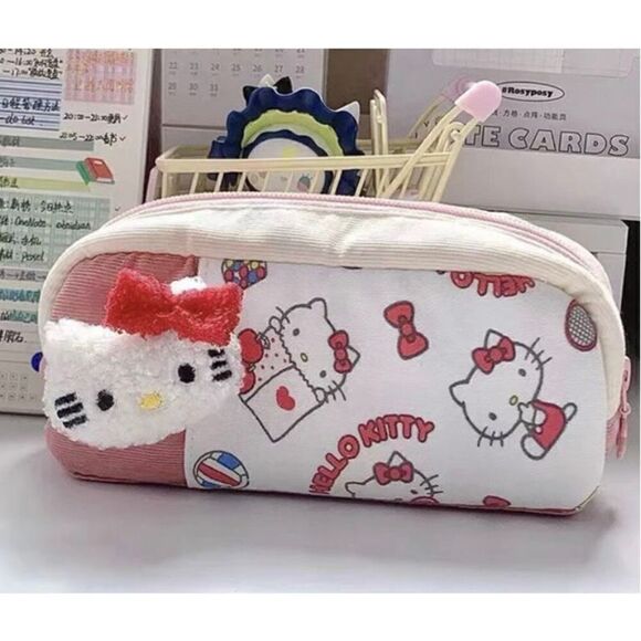 NWT Sanrio Hello Kitty Fun Print Cosmetic-Pencil~Travel Bag With Plush Character - Picture 1 of 8